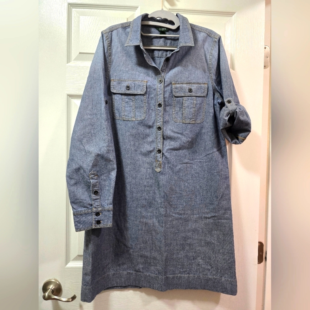 Women's J Crew Classic Chambray Denim Cotton Button Up Shirtdress Medium 91659